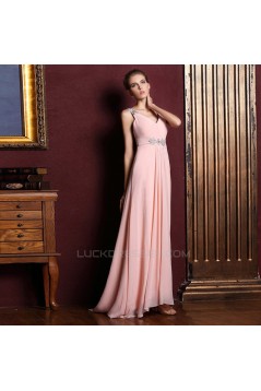 A-Line V-Neck Beaded Long Pink Chiffon Prom Evening Formal Dresses ED011357