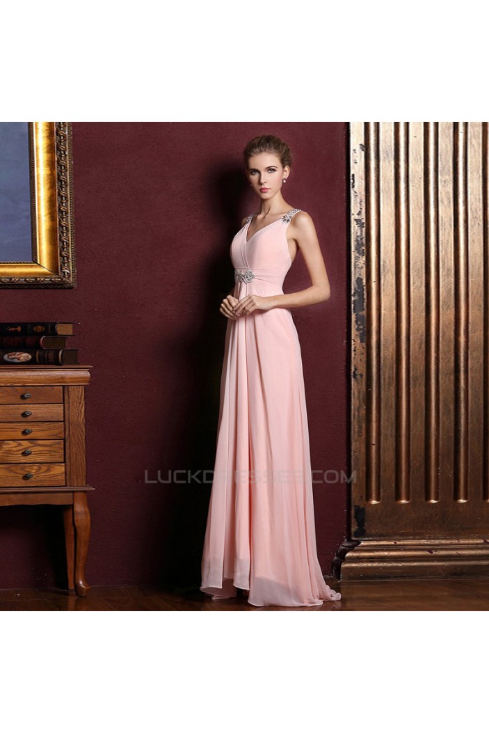 A-Line V-Neck Beaded Long Pink Chiffon Prom Evening Formal Dresses ED011357