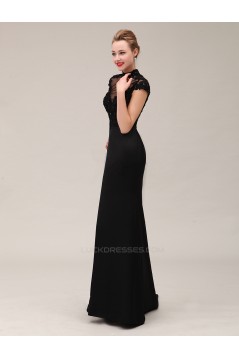 Trumpet/Mermaid High-Neck Cap-Sleeve Beaded Applique Long Black Prom Evening Formal Dresses ED011380