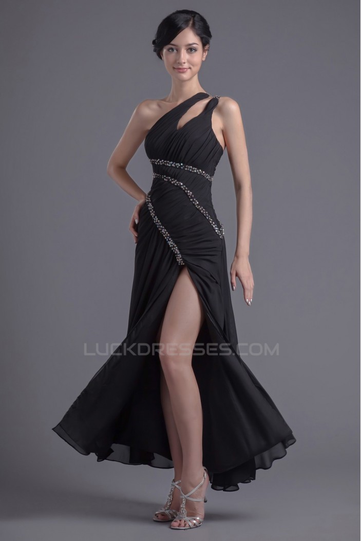 Sheath/Column One-Shoulder Beaded Long Black Chiffon Prom Evening Formal Dresses ED011389