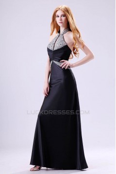 A-Line Halter Beaded Long Black Chiffon Prom Evening Formal Dresses ED011393
