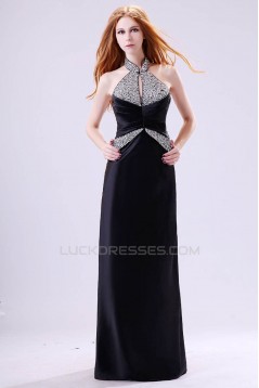 A-Line Halter Beaded Long Black Chiffon Prom Evening Formal Dresses ED011393