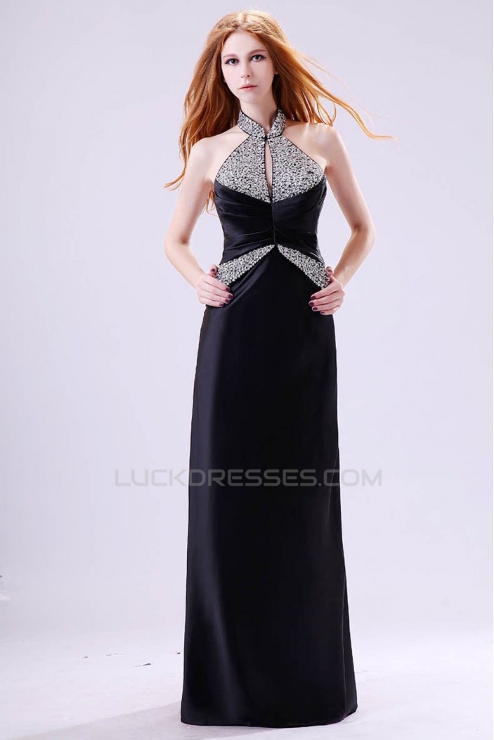 A-Line Halter Beaded Long Black Chiffon Prom Evening Formal Dresses ED011393
