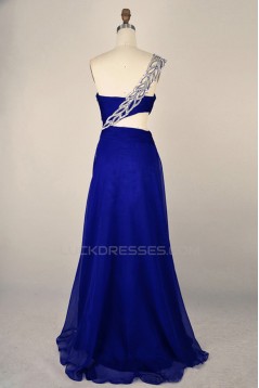 A-Line One-Shoulder Beaded Long Blue Chiffon Prom Evening Formal Dresses ED011402