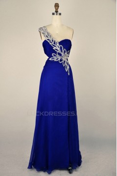 A-Line One-Shoulder Beaded Long Blue Chiffon Prom Evening Formal Dresses ED011402