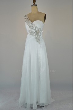 A-Line One-Shoulder Beaded Long Blue Chiffon Prom Evening Formal Dresses ED011402