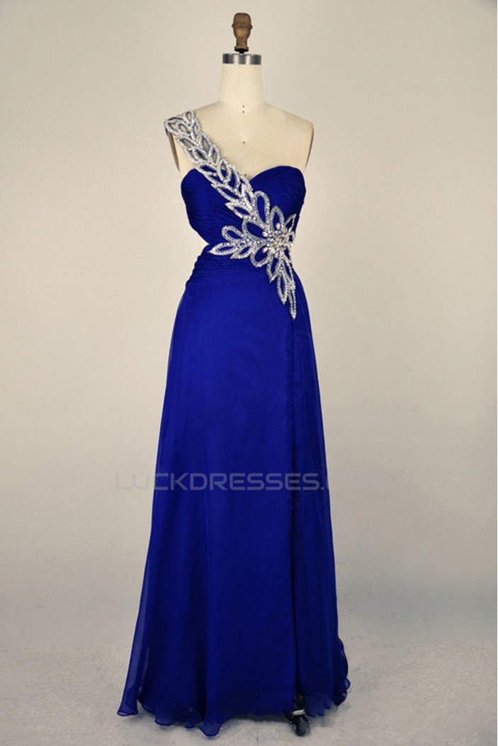 A-Line One-Shoulder Beaded Long Blue Chiffon Prom Evening Formal Dresses ED011402