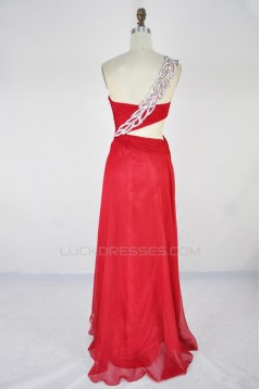 A-Line One-Shoulder Beaded Long Red Chiffon Prom Evening Formal Dresses ED011406
