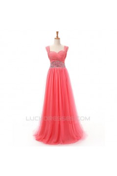 A-Line Beaded Straps Sleeveless Long Chiffon Prom Evening Formal Dresses ED011413