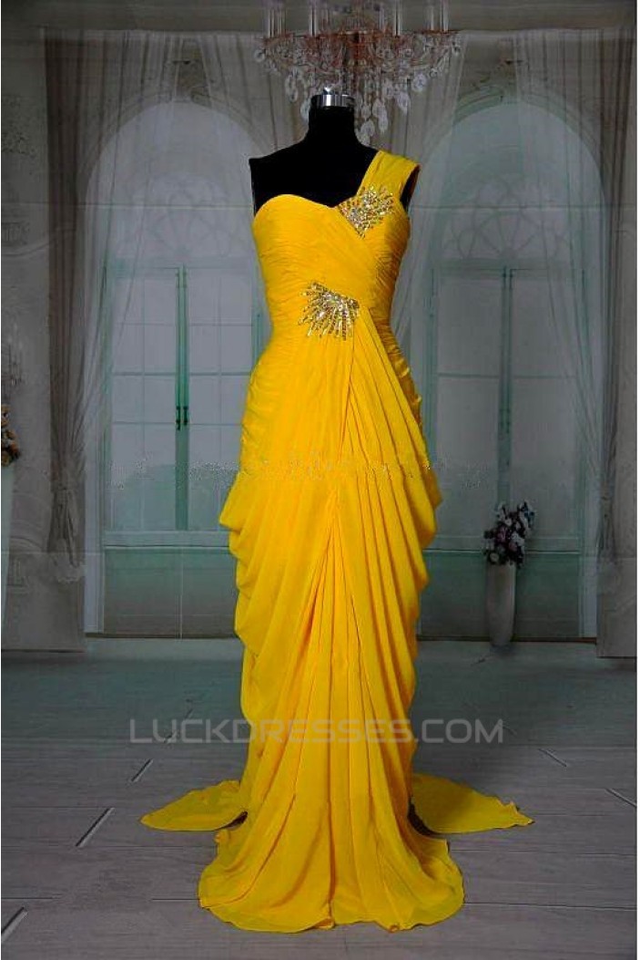 Sheath/Column One-Shoulder Beaded Long Chiffon Prom Evening Formal Dresses ED011416