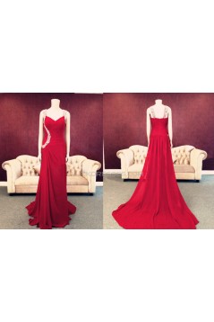 Sheath/Column Beaded Long Red Chiffon Prom Evening Formal Dresses ED011451
