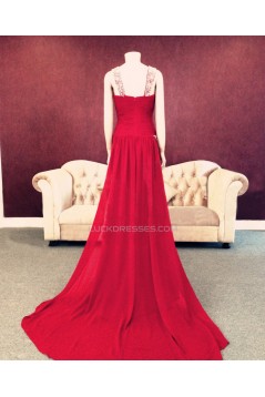 Sheath/Column Beaded Long Red Chiffon Prom Evening Formal Dresses ED011451