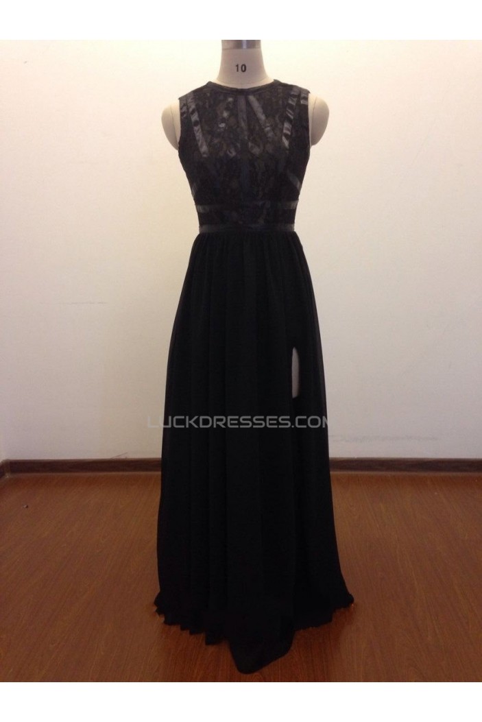 A-Line Long Black Lace and Chiffon Prom Evening Formal Dresses ED011469