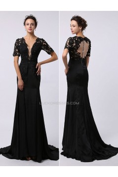 Trumpet/Mermaid Short Sleeve Beaded Applique Long Black Prom Evening Formal Dresses ED011474