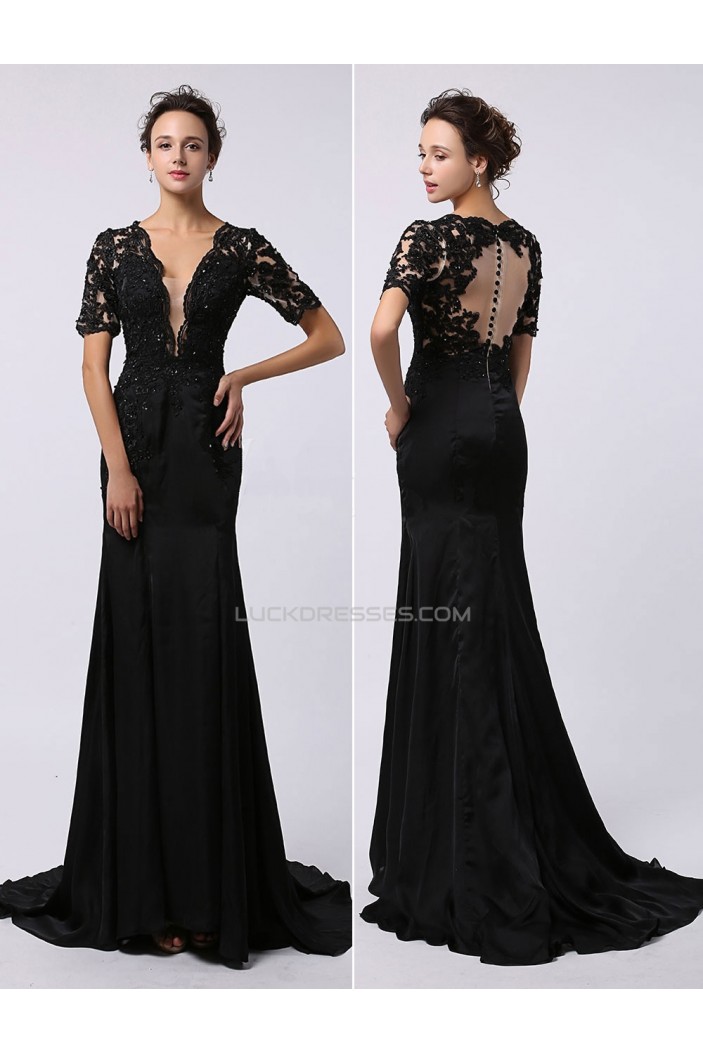 Trumpet/Mermaid Short Sleeve Beaded Applique Long Black Prom Evening Formal Dresses ED011474