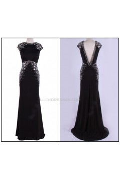 Trumpet/Mermaid Beaded Long Black Prom Evening Formal Dresses ED011480
