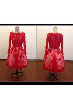 A-Line Long Sleeve Short Red Lace Prom Evening Formal Dresses ED011485