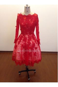 A-Line Long Sleeve Short Red Lace Prom Evening Formal Dresses ED011485