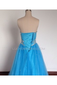 A-Line Sweetheart Beaded Long Blue Tulle Prom Evening Formal Dresses ED011491