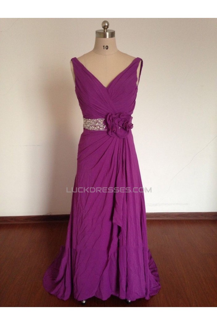 A-Line V-Neck Beaded Long Purple Chiffon Prom Evening Formal Dresses ED011496