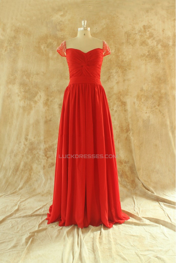 A-Line Beaded Cap-Sleeve Long Red Chiffon Prom Evening Formal Dresses ED011509