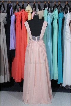 A-Line Straps Long Pink Chiffon Prom Evening Formal Dresses ED011514
