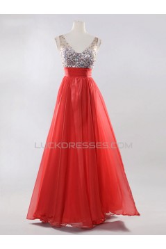 A-Line V-Neck Beaded Long Chiffon Prom Evening Formal Dresses ED011526