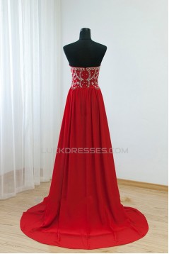 A-Line Strapless Beaded Long Red Chiffon Prom Evening Formal Dresses ED011532