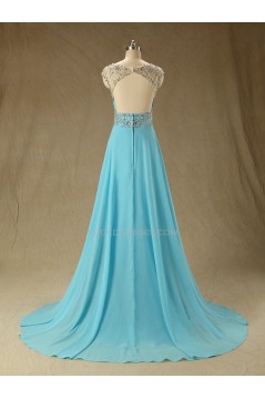 Elegant A-Line Beaded Long Blue Chiffon Prom Evening Formal Dresses ED011533