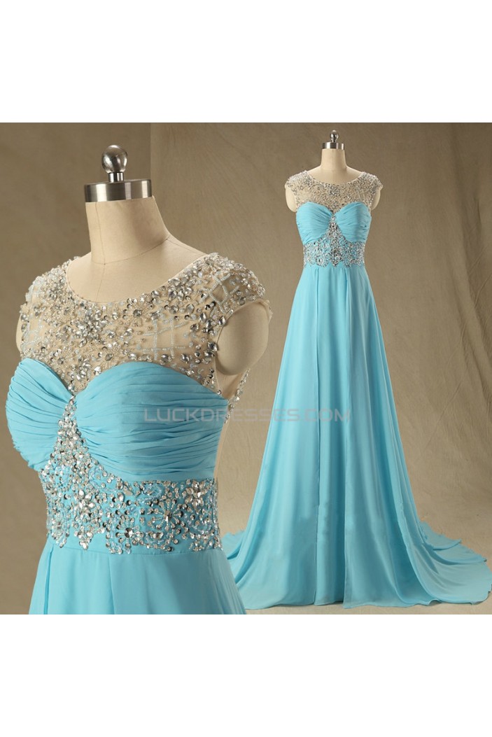 Elegant A-Line Beaded Long Blue Chiffon Prom Evening Formal Dresses ED011533