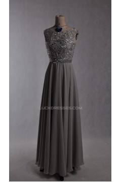 A-Line Beaded Long Grey Chiffon Prom Evening Formal Dresses ED011535