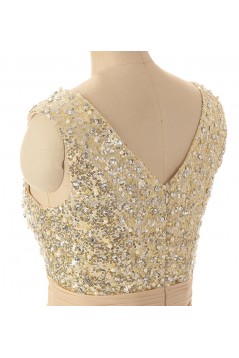 A-Line V-Neck Beaded Sequin Long Chiffon Prom Evening Formal Dresses ED011545