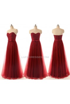 A-Line Sweetheart Long Red Lace and Tulle Prom Evening Formal Dresses ED011553