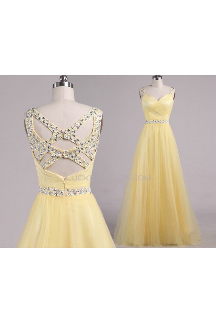 A-Line Beaded Tulle Long Yellow Prom Evening Formal Dresses ED011554
