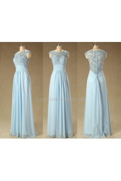 A-Line Jewel Long Blue Applique and Chiffon Prom Evening Formal Dresses ED011561