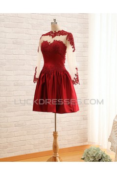 A-Line Jewel Long Sleeve Red Applique and Satin Prom Evening Formal Dresses ED011563