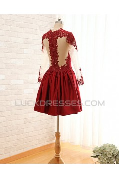 A-Line Jewel Long Sleeve Red Applique and Satin Prom Evening Formal Dresses ED011563