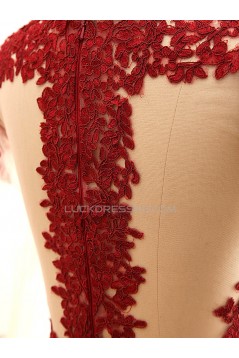 A-Line Jewel Long Sleeve Red Applique and Satin Prom Evening Formal Dresses ED011563