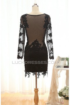 Short V-Neck Long Sleeve Black Applique Prom Evening Formal Dresses ED011575