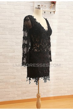 Short V-Neck Long Sleeve Black Applique Prom Evening Formal Dresses ED011575