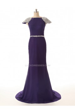 Trumpet/Mermaid Bateau Cap-Sleeve Long Chiffon Prom Evening Formal Dresses ED011593