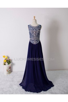 A-Line Beaded Long Blue Chiffon Prom Evening Formal Dresses ED011603