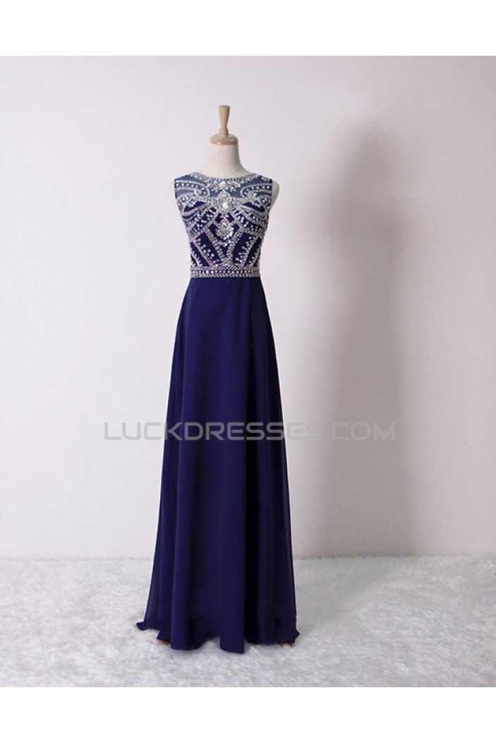 A-Line Beaded Long Blue Chiffon Prom Evening Formal Dresses ED011603