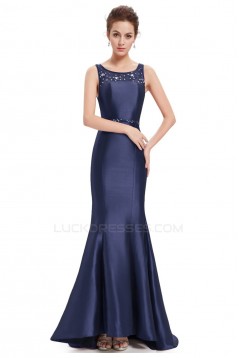 Trumpet/Mermaid Beaded Lace and Satin Long Blue Prom Evening Formal Dresses ED011634