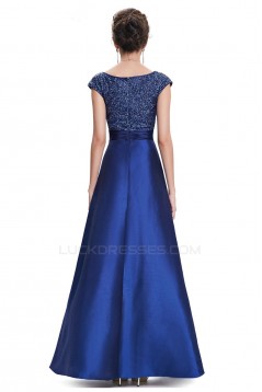A-Line V-Neck Cap-Sleeve Long Blue Prom Evening Formal Dresses ED011638