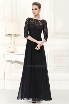 A-Line Half Sleeve Long Black Lace and Chiffon Prom Evening Formal Dresses ED011645