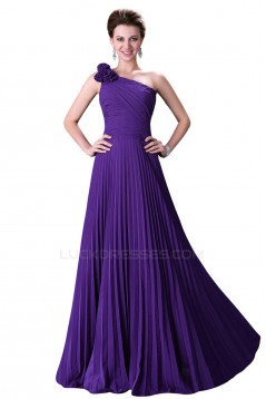 A-Line One-Shoulder Pleated Long Blue Chiffon Prom Evening Bridesmaid Dresses ED011656