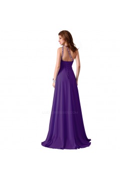 A-Line One-Shoulder Beaded Long Blue Chiffon Prom Evening Formal Dresses ED011660