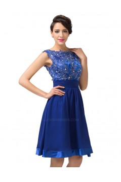 A-Line Bateau Beaded Applique Short Blue Prom Evening Formal Dresses ED011661