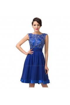 A-Line Bateau Beaded Applique Short Blue Prom Evening Formal Dresses ED011661